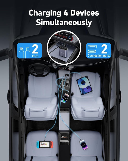 Retractable Car Charger 66W | 4-in-1 Fast Charging for iPhone & Android