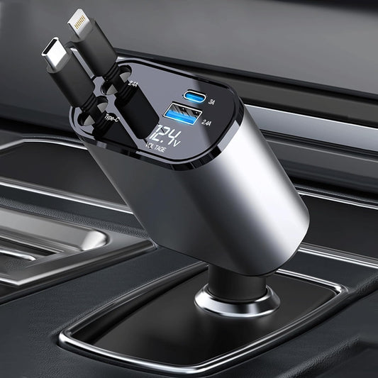 Retractable Car Charger 66W | 4-in-1 Fast Charging for iPhone & Android